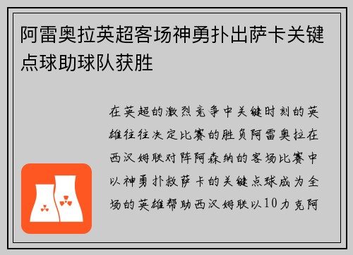 阿雷奥拉英超客场神勇扑出萨卡关键点球助球队获胜 阿雷奥拉英超客场神勇扑出萨卡关键点球助球队获胜